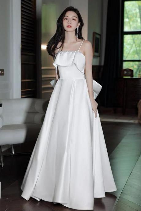 White Spaghetti Strap Evening Dress, Ladies Satin Elegant Dress,custom Made
