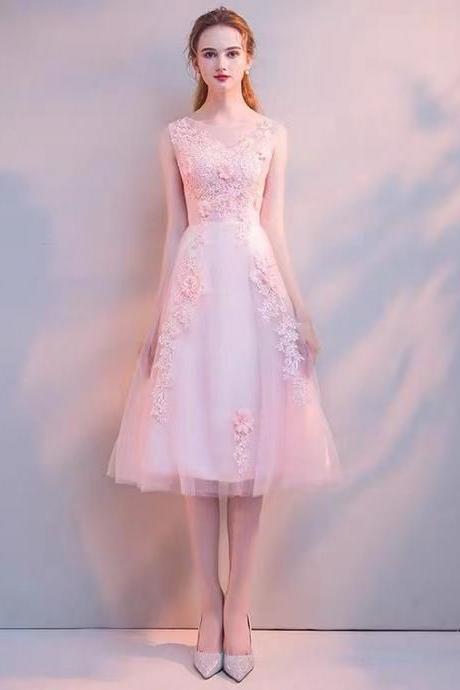 Pink Homecoming Dress,little Evening Dress,applique Bridesmaid Dress, Temperament Birthday Dress,custom Made