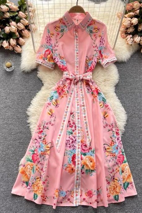 Polo Collared Breasted Slim Dress, Pink Elegant Floral Dress