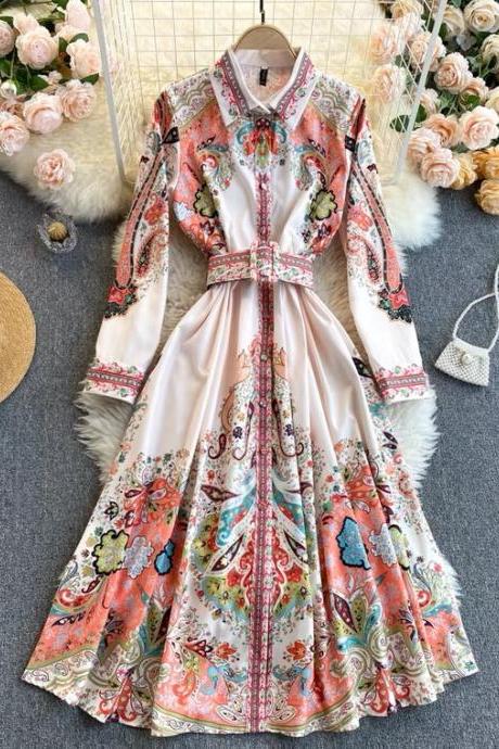 Bohemian, vintage, exotic, floral lapel, long-sleeve tie dress, vacation dress