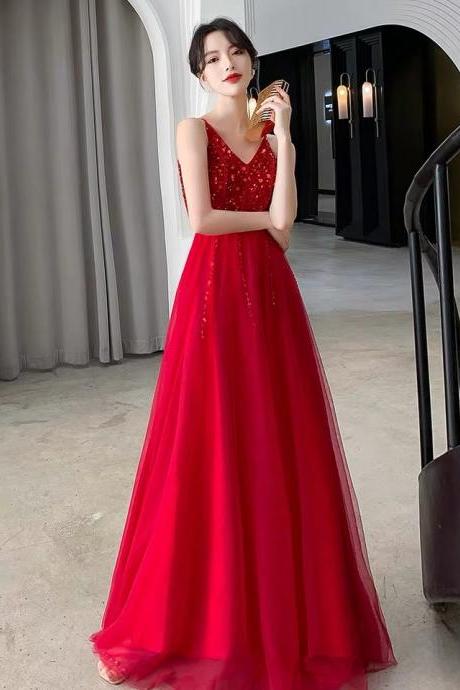 Long Red Dress, Spaghetti Strap Beaded Evening Gown,custom Made