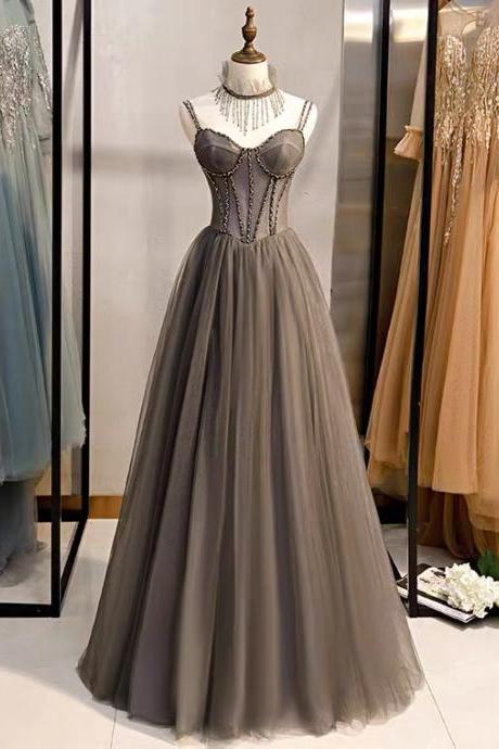 Spaghetti Strap Evening Dress, Gray Party Dress,beaded Prom Dress,custom Made