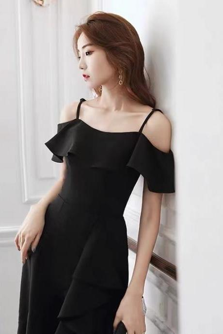Spaghetti strap evening dress, black prom dress,Custom Made