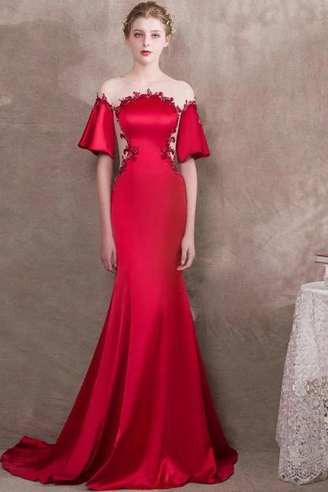 Red Sleeve Mermaid Prom Dresses ,lace Applique Evening Dresses,custom Made