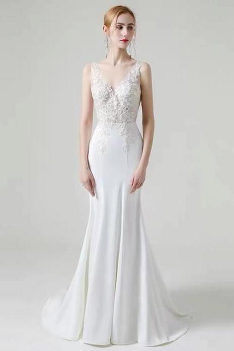 Deep V Neck, Lace Buttock Satin Mermaid Light Wedding Dress, Simple Veil Dress With Tail,custom Made
