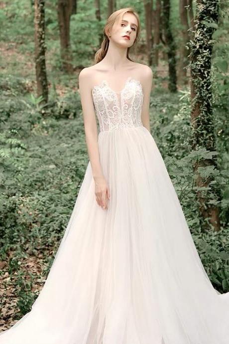 Strapless Lace Light Wedding Dress, Temperament Bridal Dress,custom Made