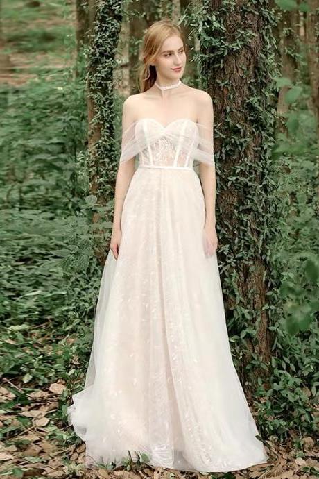 Simple, Handmade Lace Wedding Dress, Off Shoulder Light Dress, White Light Wedding Dress,custom Made