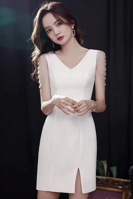 V-neck Evening Dress, Short White Sexy Birthday Party Dress,custom Made