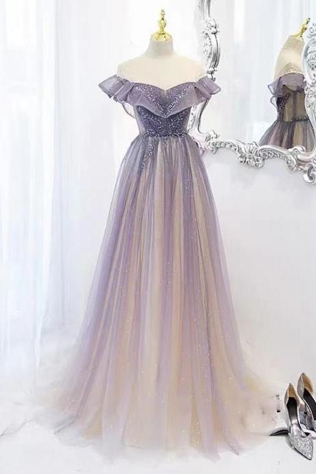 Heavy Nail Bead, Gradient Color Off Shoulder Tulle Dress, Purple Long Prom Dress,custom Made
