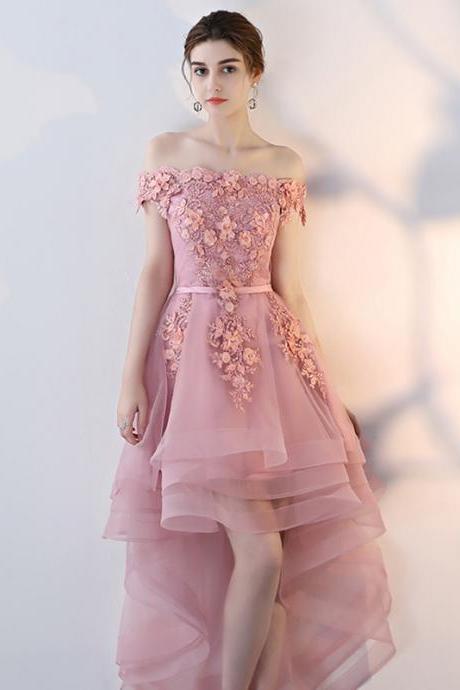 Off shoulder pink fairy dress, high low evening dress prom dress, temperament graduation dress,homecoming dress,Custom Made