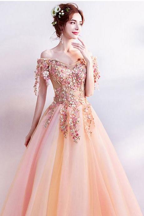 Off Shoulder Prom Dress,blush Pink Evening Dress,applique Party Dress, Custom Made