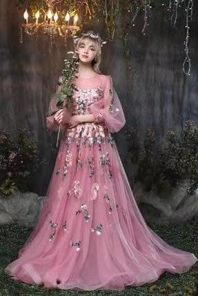 Fashion Princess Wedding Dress, Long Tail Flower Evening Dress, Custom Made