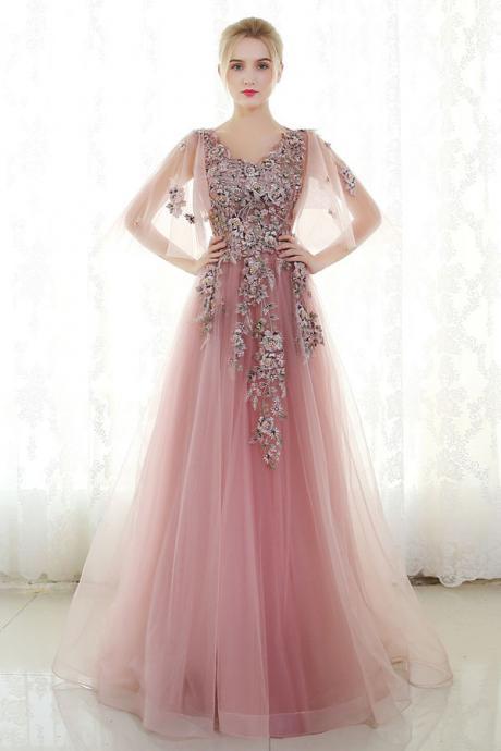 Little Pink Train Prom Dress,v-neck Applique Party Dress, Custom Made