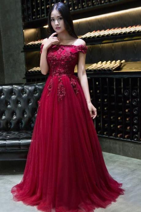 Off Shoulder Prom Dress,red Party Dress,elegant Applique Evening Dress, Custom Made