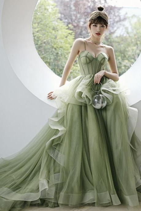 Spaghetti Strap Evening Dress, Temperament Trailed Socialite Fairy Dress, Green Fresh Party Dress, Custom Made