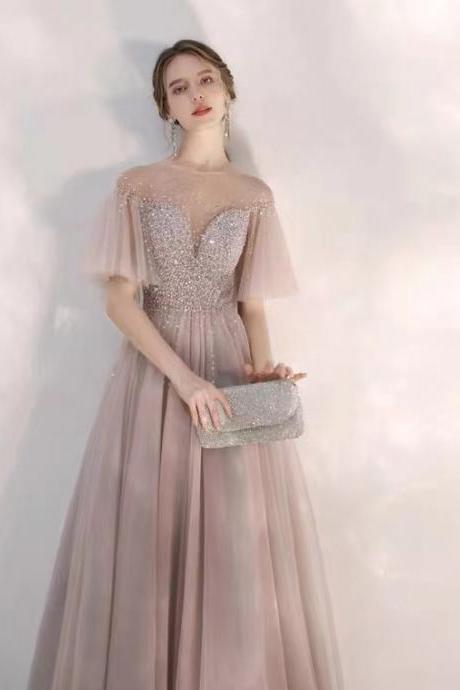 Flying Sleeves Prom Dress, Pink Party Dress ,handmade Bead Evening Dress,custom Made