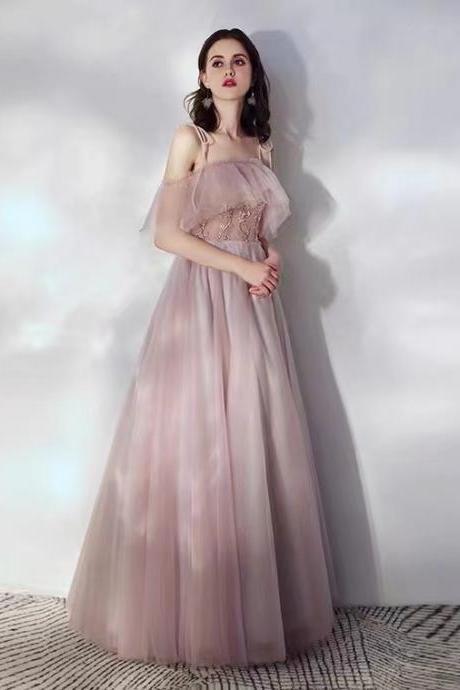 Pink Bridesmaid Dress, Temperament Pink Spaghetti Strap Prom Gown,custom Made