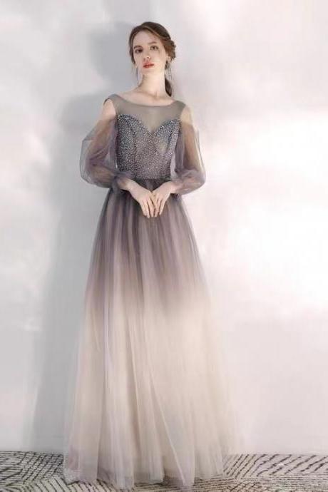 Long Sleeve Prom Dress, Gradient Temperament Party Dress, Nail Beaded Fairy Dress,custom Made