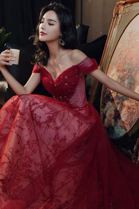 Red Prom Dress, Temperament, Noble Party Dress, Off Shoulder Evening Dresss,custom Made