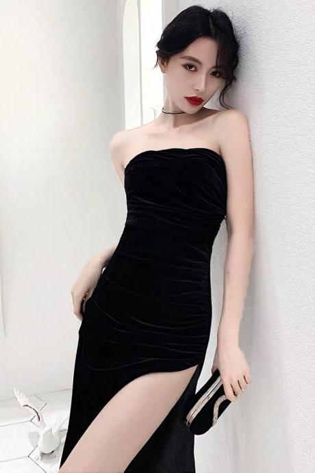 Little Strapless Evening Dress, Sexy Black Velvet Dress, Birthday Party Dress ,custom Made