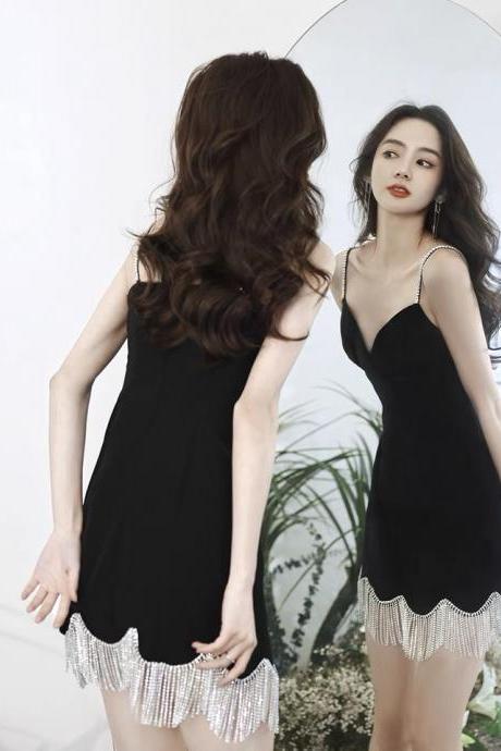 Black Party Dress, Light Luxury Homcoming Dress,spaghetti Strap Birthday Dress,custom Made