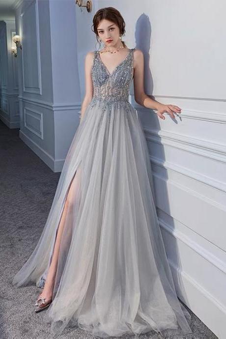 Silver beaded prom dress, starry night evening dress, slit party dress,Custom made