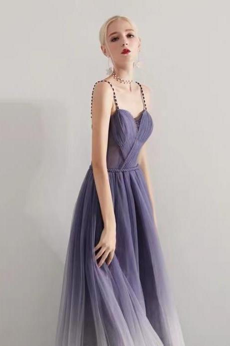 Pearly Beaded Purple Dress, Starry Night Dress, Spaghetti Strap Prom Dress,custom Made