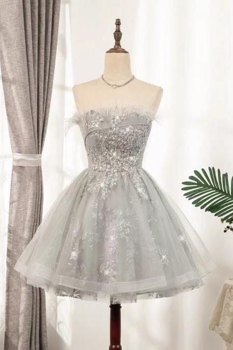 Feather Strapless Party Dress, Short Sexy Homceoming Dress, Elegant Silver Sequin Dress,custom Made