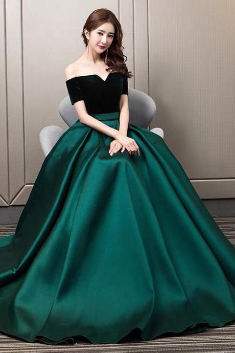 Off-the-shoulder Evening Dress, Satin Party Dress, Socialite Style Dark Green Evenig Dress,custom Made