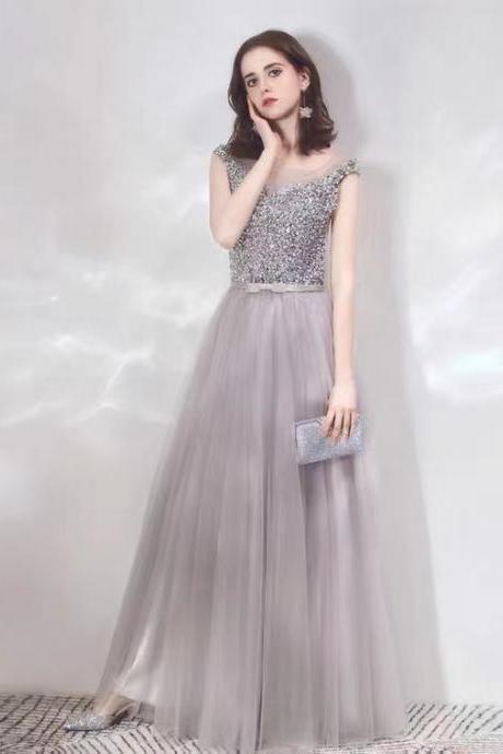 Silver Gray, Beaded Heavy Industry Prom Dress, Cap Sleeve Evening Gown,custom Made