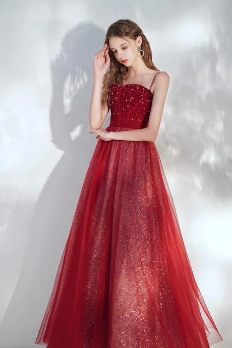 Burgundy Prom Dress ,spaghetti Trap Evening Dress,custom Made