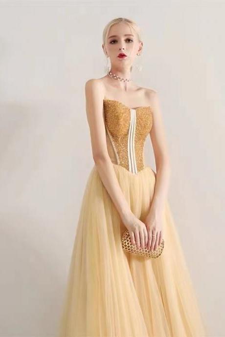Heavy Industry Gold Evening Dress, Slim Sexy Strapless Prom Dress, Simple And Generous Fairy Dress,custom Made