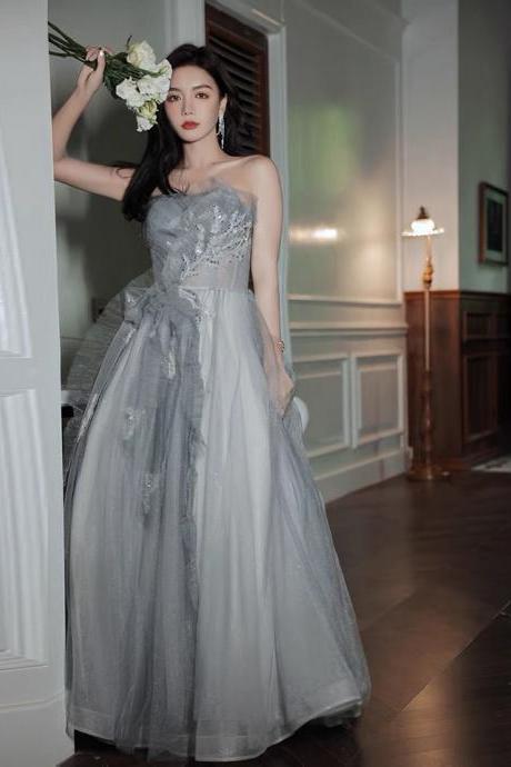 Grey evening dress, temperament, strapless prom dress, high quality light luxury dress,Custom made