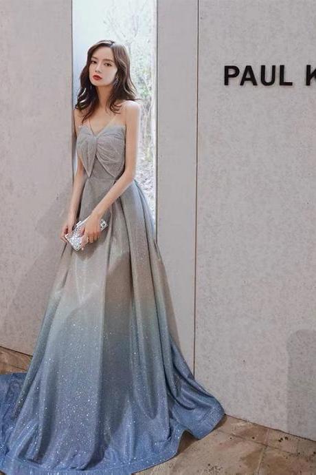 Gradient Blue Prom Dress, Starry Evening Dress With Bowknot, Strapless Prom Dress,custom Made