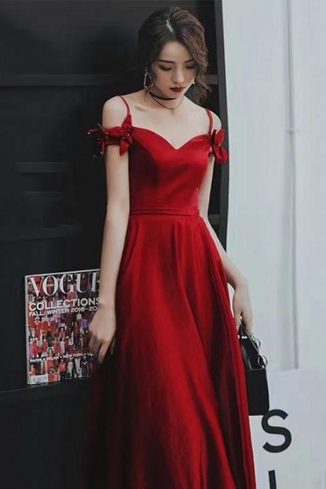 Satin prom dress, off shoulder midi dress, red dress,Custom made