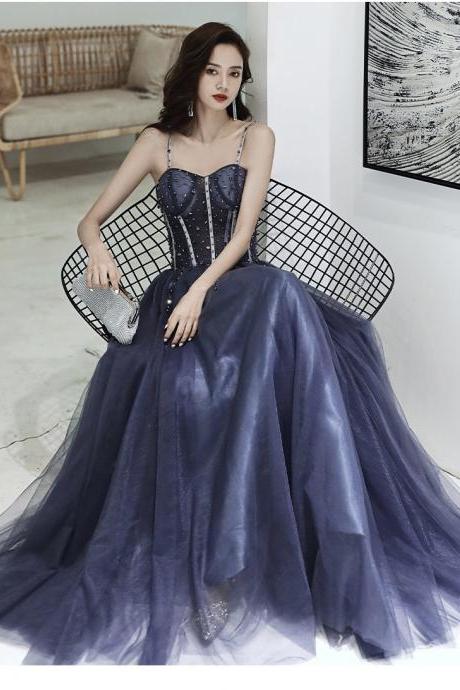 Blue Spaghetti Strap Prom Dress,beaded Party Dress,sexy Evening Dress,custom Made