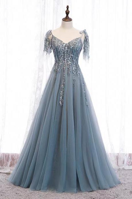 Blue evening dress, new, V-neck, long fairy high quality prom dress,custom made
