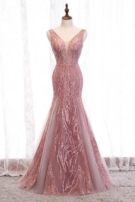 Pink evening dress, new, V-neck, long mermaid party dress,custom made