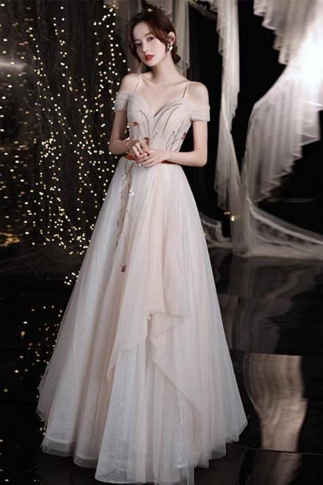 Off-the-shoulder Evening Dress, Temperament Lady Light Luxury Prom Dress, Embroidered Birthday Party Dress,custom Made