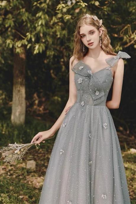 Spaghetti strap prom dress, grey evening dress, temperament bridesmaid dress fairy dress,custom made