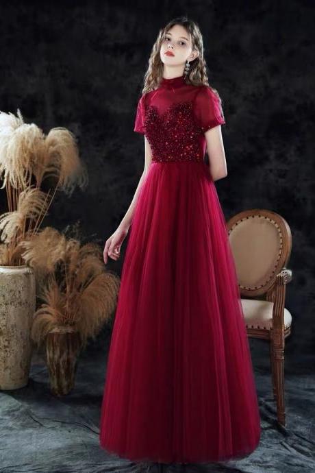 High Neck Prom Dress, Red Party Dress, Beaded Evening Dress,custom Made