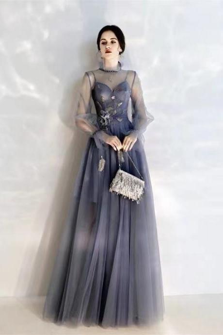 High Neck Evening Gown, Long Sleeve Socialite Prom Dress,purple Party Dress,custom Made