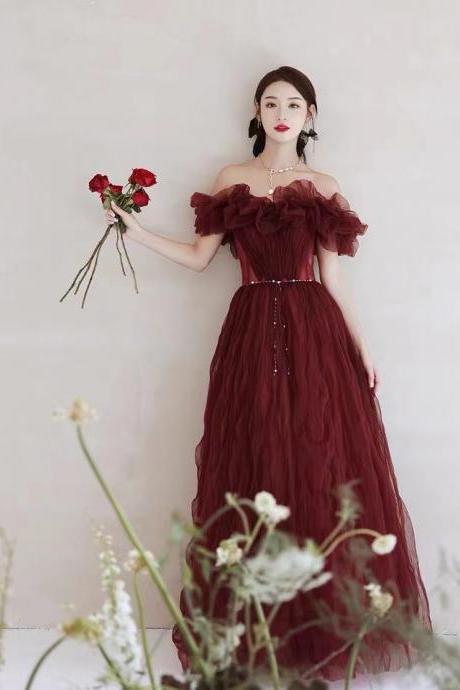 Off shoulder evening dress, princess party dress, burgundy prom dress,custom made