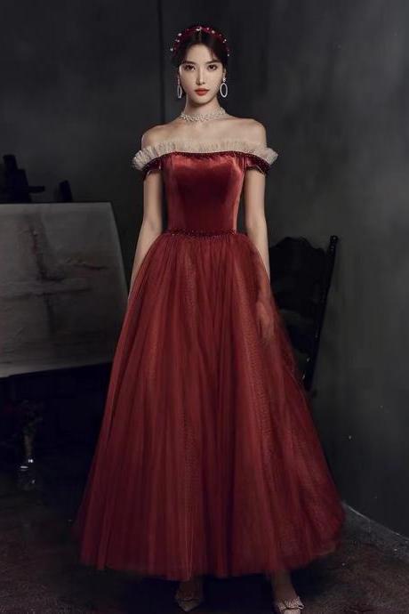 Burgundy off shoulder prom gown, princess evening gown,sweet graduation dress,custom made