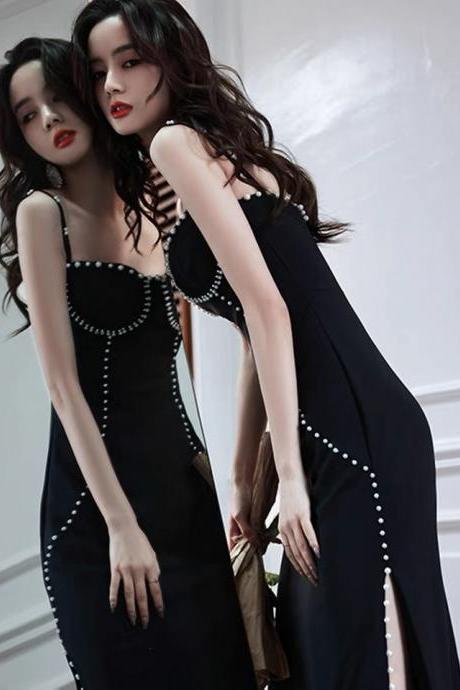 Black evening dress, new style, long spaghetti strap prom dress, sexy slit party dress with pearl,custom made