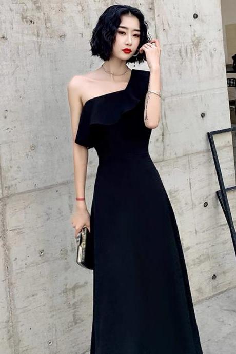 Black evening dress, high quality satin dress, one shoulder party dress,custom made