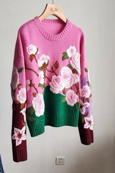 Street fall sweaters!Heavy stereoscopic feel of flowers!A slouchy sweater