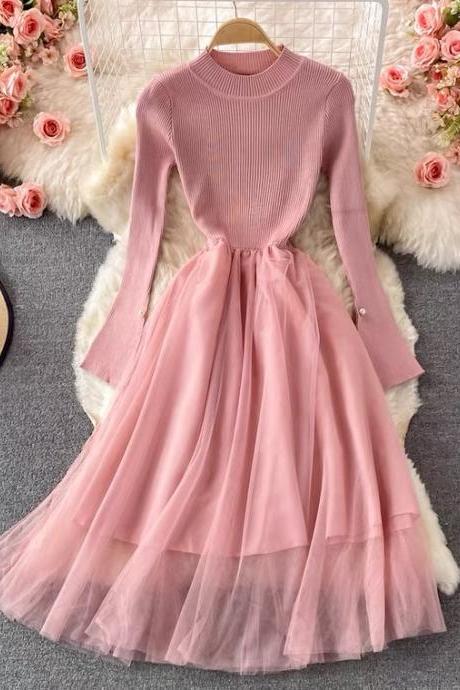 Autumn and winter, in the long temperament knitted stitching tulle dress, elegant temperament sweater dress