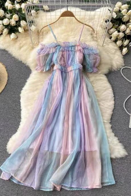 Holiday Dress, Rainbow Gradient Dress, Tulle Fairy Dress, Off Shoulder Dress