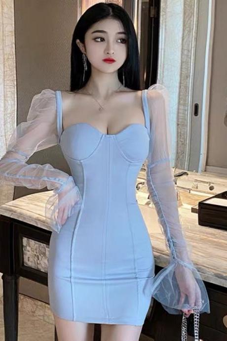 Autumn, new style, fashion, temperament, sexy, off shoulder party dress, long sleeves, mesh stitching bodycon dress